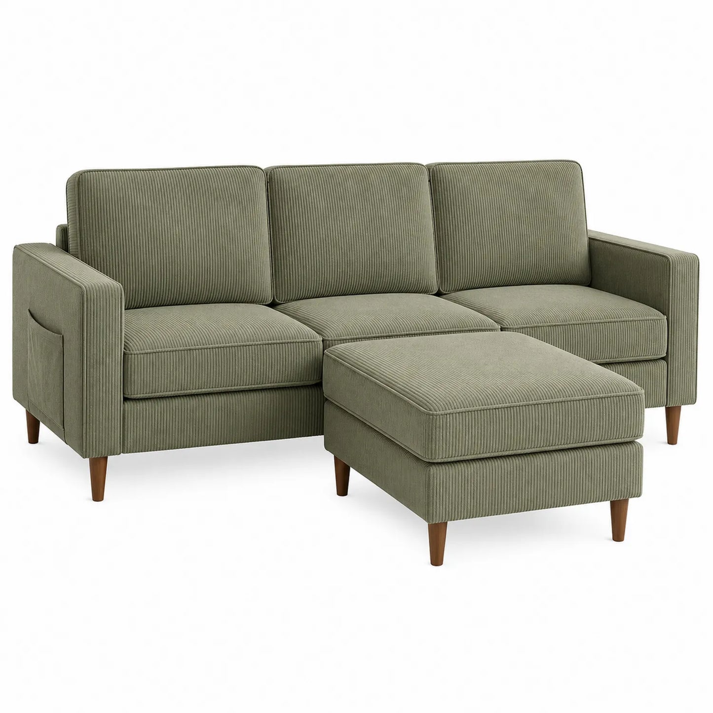 Sofa narożna sztruksowa zielona z pufą, 210 cm