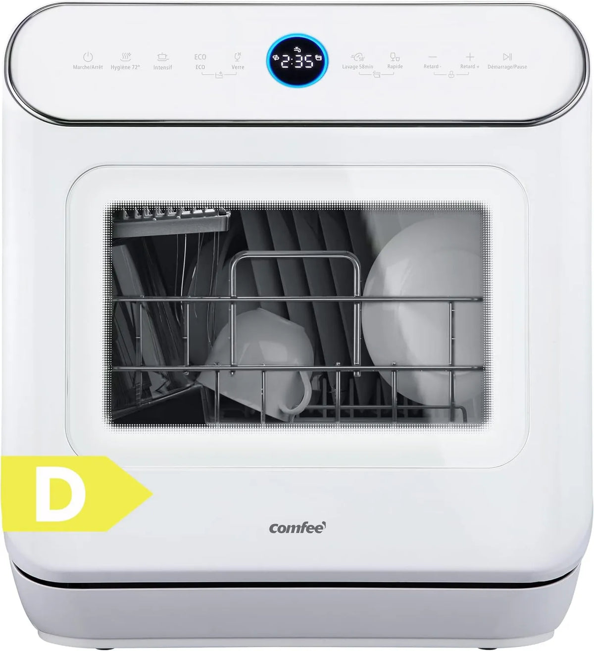 Comfee zmywarka kompaktowa, Zmywarka, 7 programów, 'CDWMT305WD 24h, higiena, dotyk, biały, 72°C Mycie Higieny, ekran LED, 3 sztućce, 24h Inny start