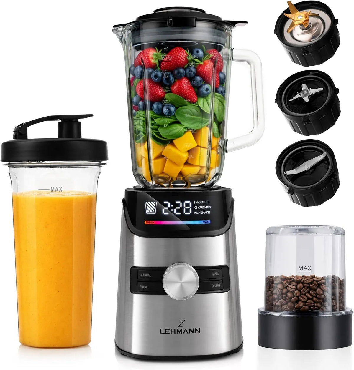 LEHMANN blender kielichowy, Mikser, 1, 7 l, 1400 W, Puls i 3 programów, LEOHMANN, BEND & Go butelka i BPA- wolny młyn, 10 Regulowana prędkość