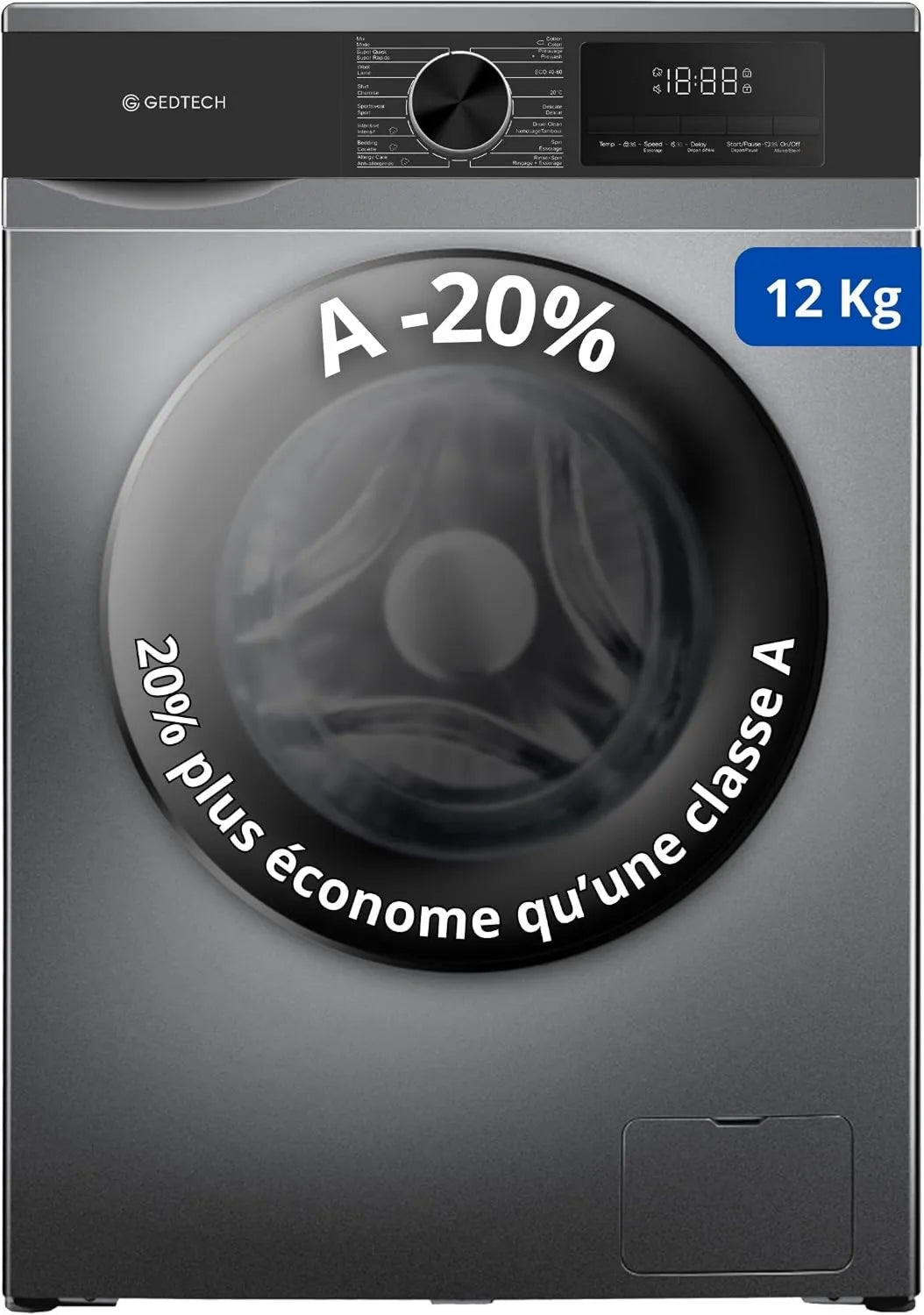 GEDTECH pralka, GLL121400DG, 16 programów, 12 kg, klasa energetyczna A, szara, 1400 obr./min, min, klasa A- 20%, ciemna szara A-20