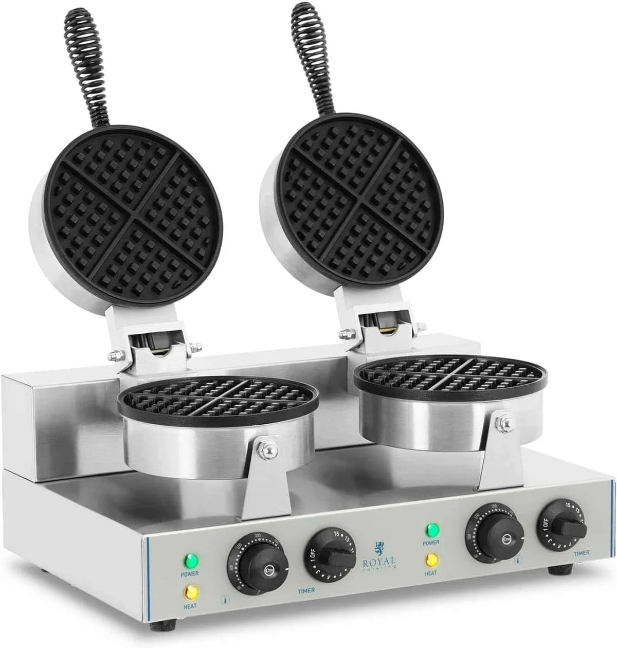 Royal Catering gofrownica / opiekacz, RCWM- 2600- R stal nierdzewna, 2 x 1300 W, Catering Double okrągły gofrownica, zegar 15 min, Teflon i aluminium RCWM-2600-R