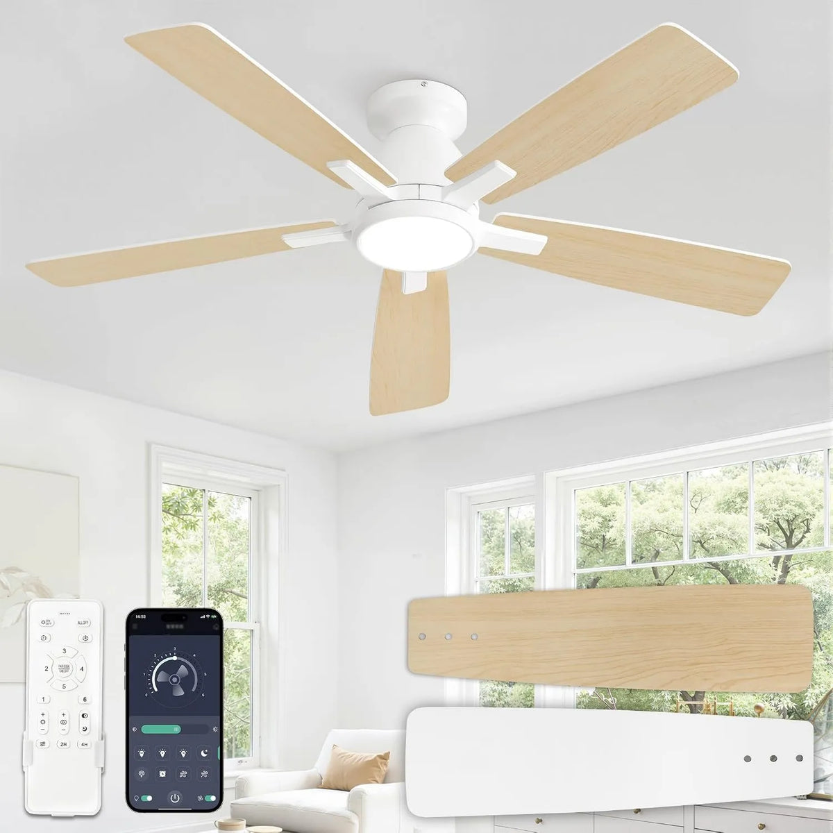 ZMISHIBO, Wentylator, 117 cm, 3000K- 6000K, oświetlenie LED, dekoracja salonu, tłumik, Cichy i odwracalny silnik prądu stałego 3000K-6000K