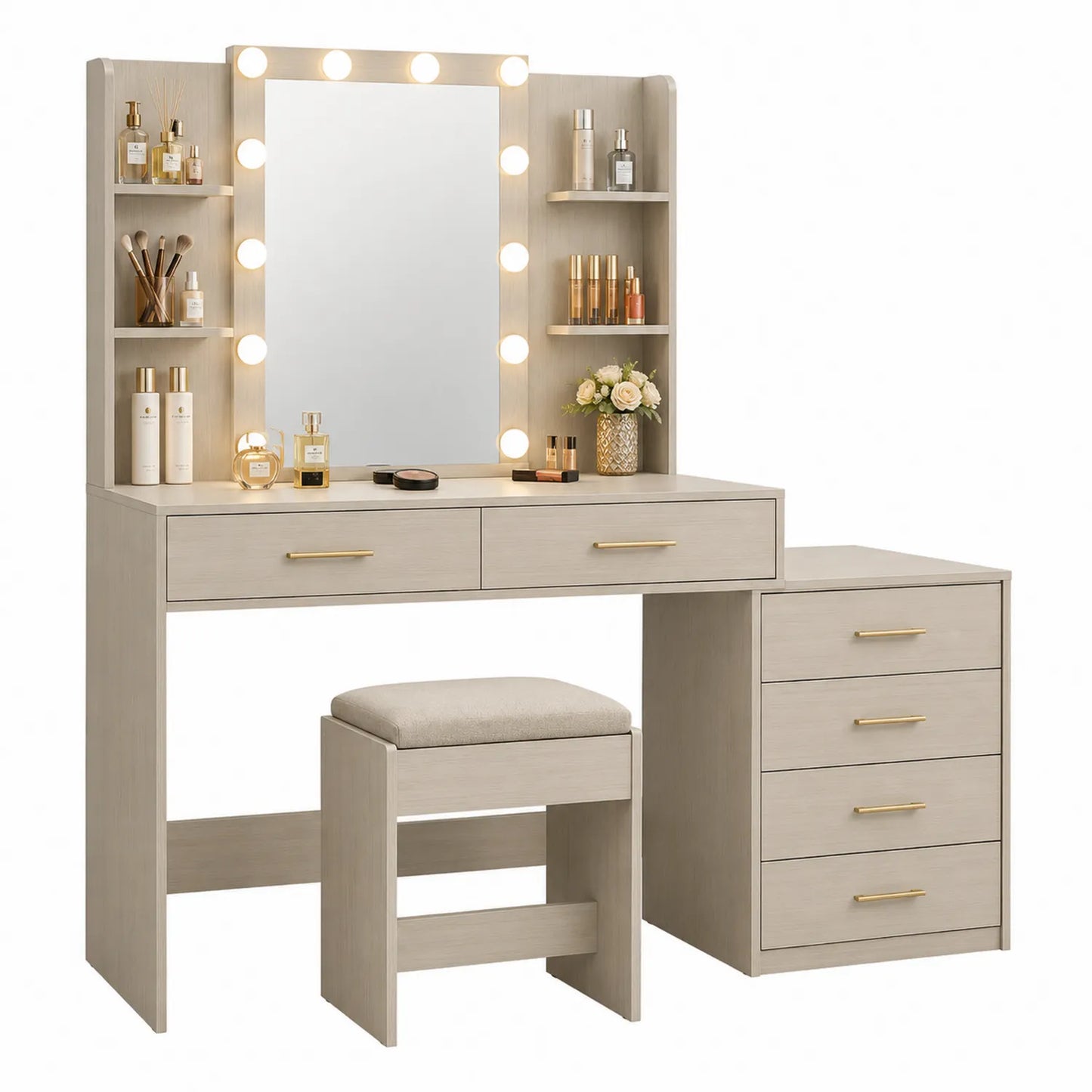 Toaletka z lustrem LED drewno beżowy 120x75x40 cm