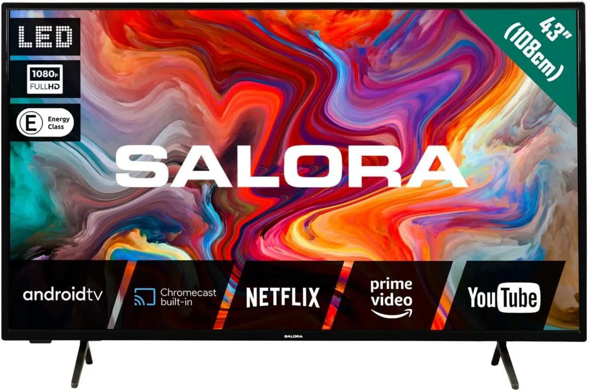 SALORA telewizor, Inteligentny, 43 cali, klasa E, 3 HDMI, TV, SMART43TV, Dźwięk Dolby, WiFi, Bluetooth, Android OS, LED ekran, Dolby Audio