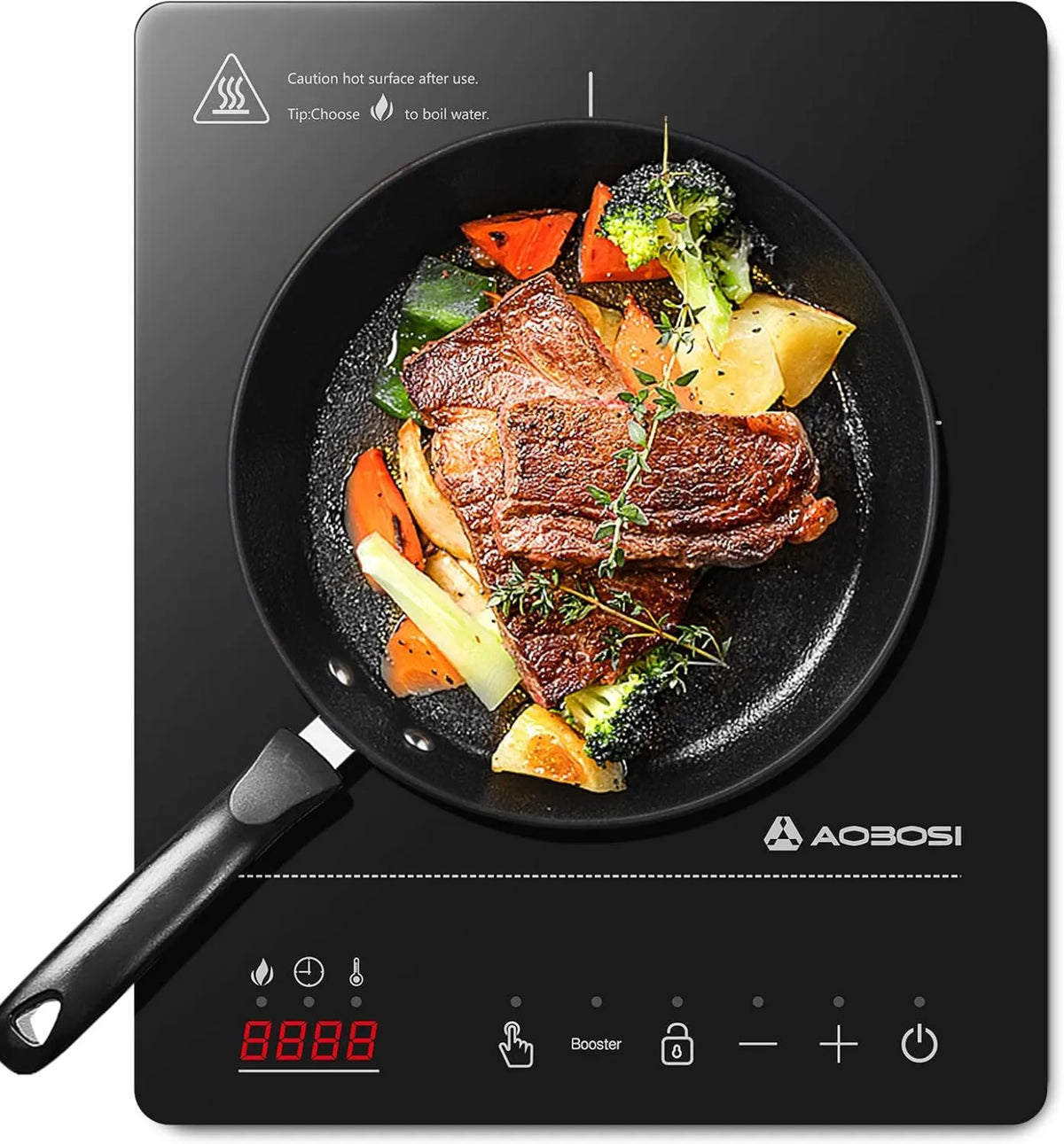 AAOBOSI, Płyta indukcyjna 10H, 2000 W, Boost, blokada, zegar, przenośny, 2 strefy temperaturowe, 32 * 26 * 4, 20 poziomów