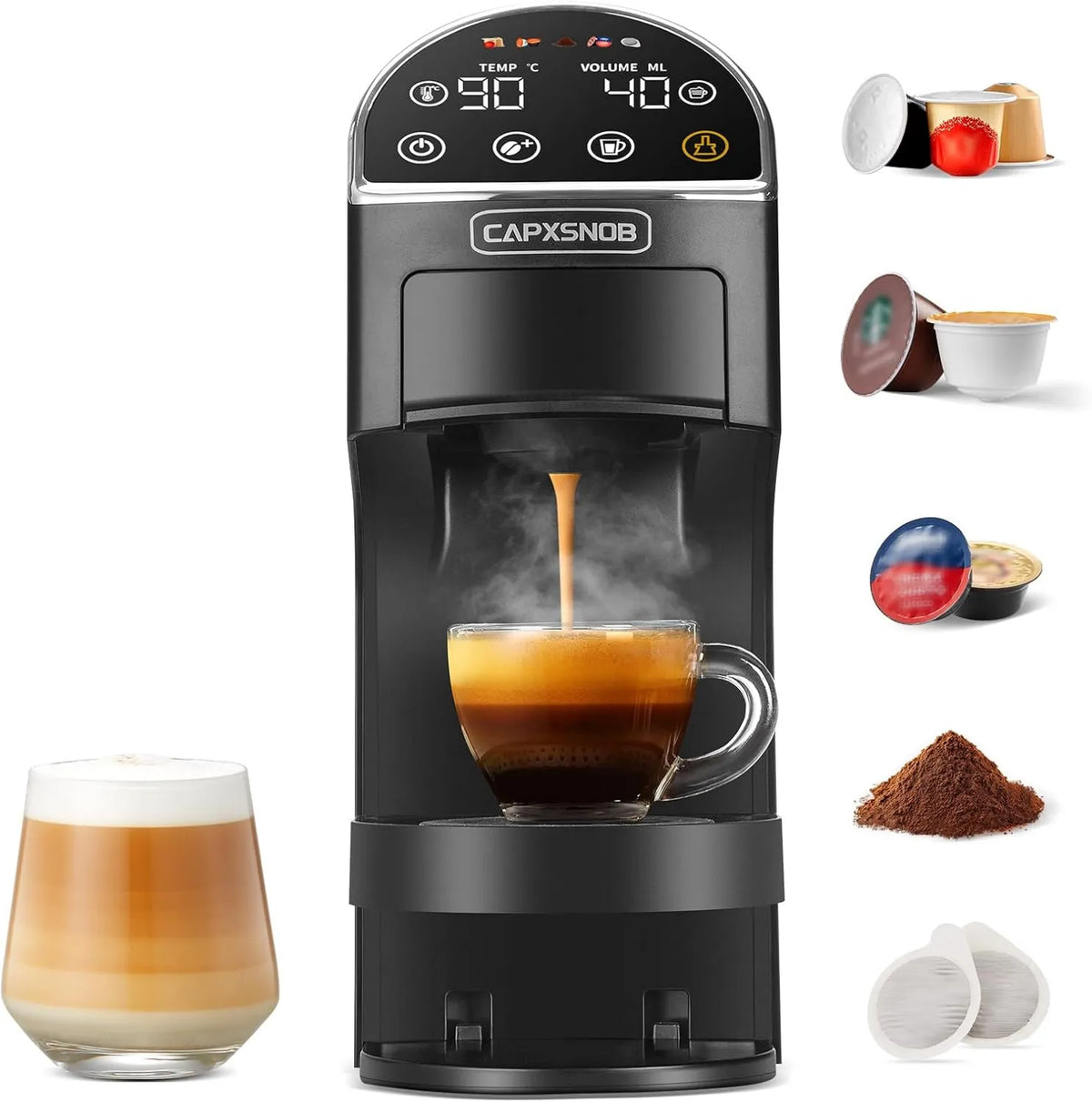 CAPXSNOB, Nespresso Magician2 20Bar Elektryczny ekspres do kawy, 1.2 l, dotyk, ESE 44 mm & Kawa Moul, ekspres do kawy Kapsułki i kubki 5 w 1 dla