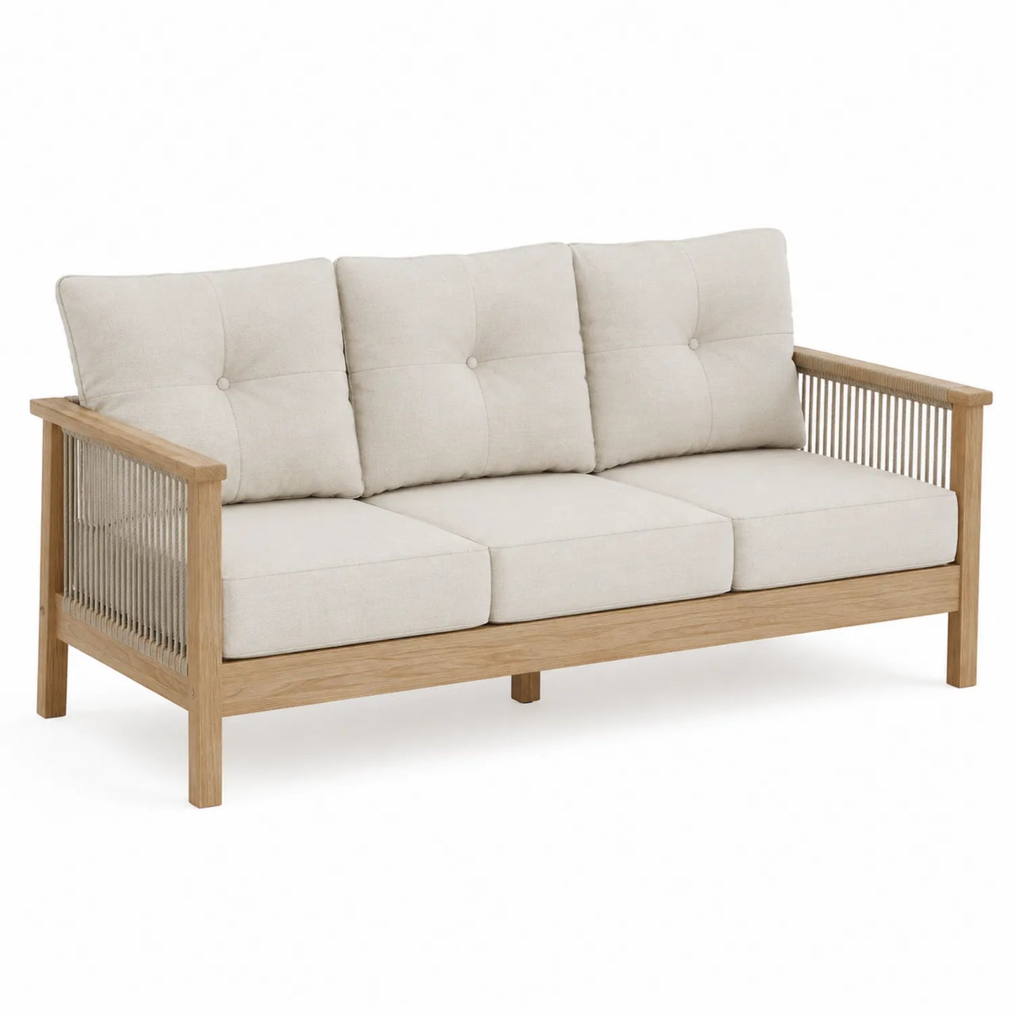 Trzyosobowa sofa drewniana z beżowymi poduszkami