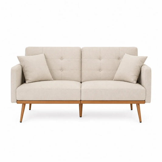 Dwuosobowa Sofa Beżowa z Bukowym Wykończeniem