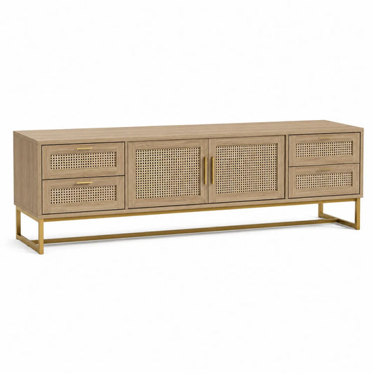 Szafka RTV z drewna dębowego z plecionką rattanową i metalową ramą 200x45x60 cm