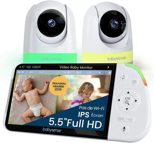 Babysense, Monitor, WiFi, Full HD, Bezpieczne połączenie WiFi-, akumulator 20-godzinny, zegar 6-kolorowy, 2 kamery