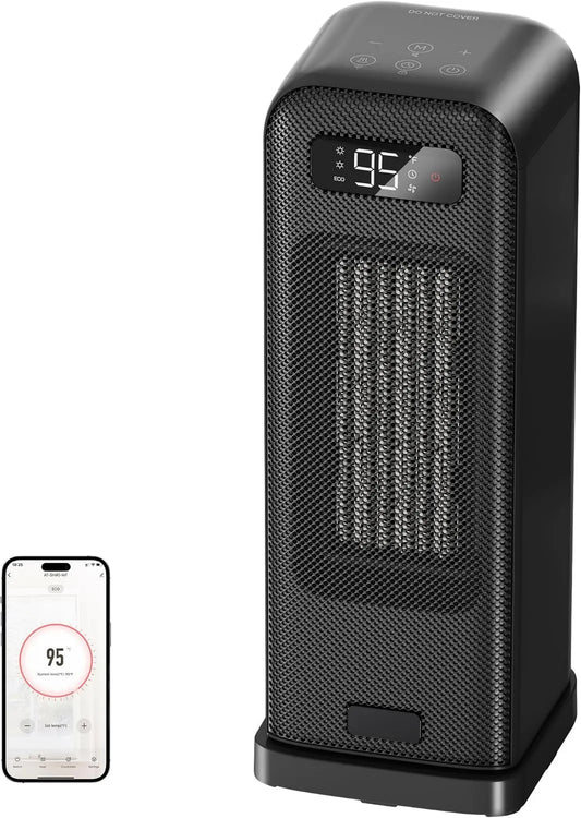 FLANUR, Google 12H Elektryczny grzejnik, 1500 W, przenośny, czasomierz, oscylacja, asystent Google, Alexa i Siri, czarny, App / Inteligentna kontrola