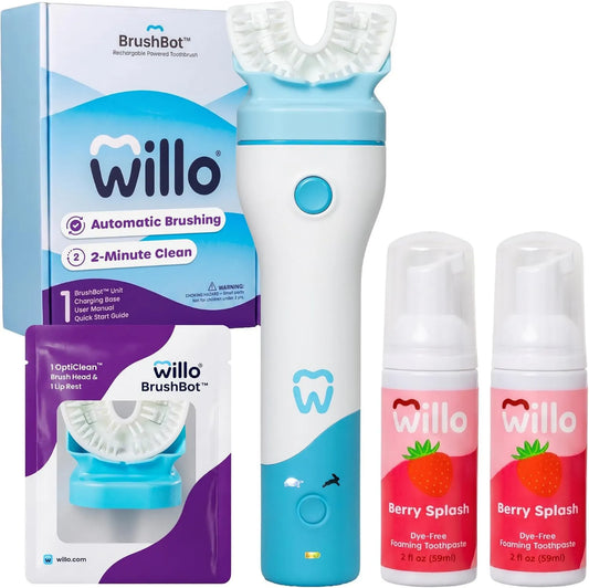Willo, szczotka, minutnik, aplikacja, zestaw do szczoteczki do zębów w kształcie U- szczoteczki BrushBot dla dzieci