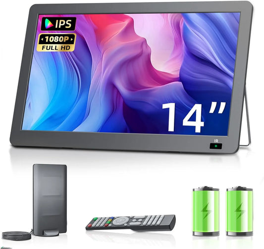 Desobry, Smart TV 1080p, 14, 2 cali, TV, HDMI, USB, przenośne, DVB- T2, kemping, Tuner DVB- T2, Z akumulatorem, kuchnia DVB-T2