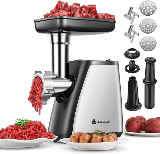 AAOBOSI maszynka do mięsa, 3- In-1 Kit Kubbe, Chusteczka do mięsa, do kuchni domowej, 2800 W max, z 2 ostrzami, 3 Płyty, Piekarnik, Stal nierdzewna 3 w 1