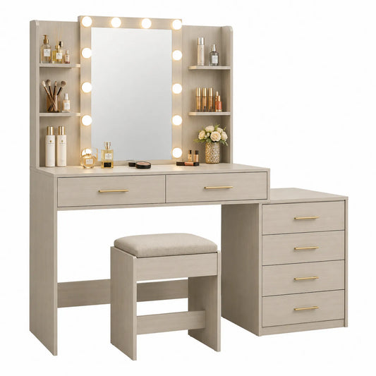 Toaletka z lustrem LED drewno beżowy 120x75x40 cm