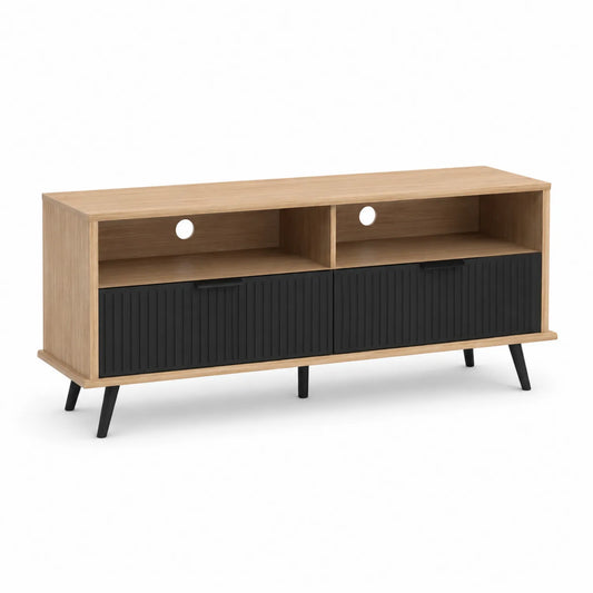 Stolik RTV z drewna MDF, dąb jasny/czarny, 120x40x50 cm
