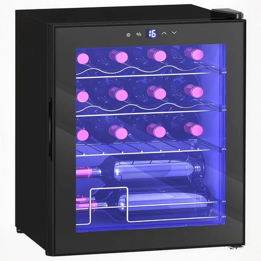 HOMCOM chłodziarka do wina, Winiarnia elektryczna, 42 l, 16 butelek, 5 do 18°C, 2 strefy temperatur, oświetlenie LED, dotyk, czarny, lodówka z winem i napoje z
