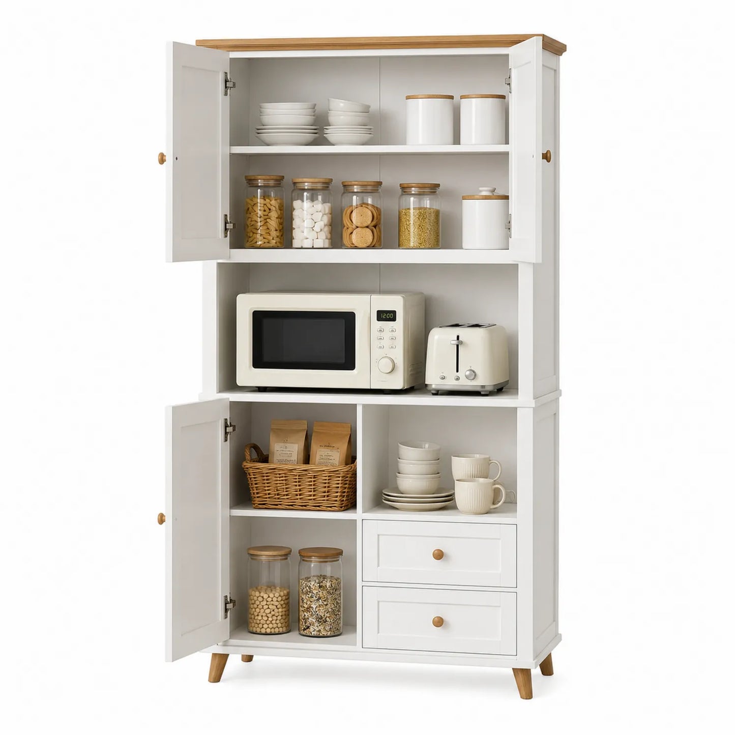 Wysoka komoda z półkami i szufladami MDF drewno dąb biały 180cm
