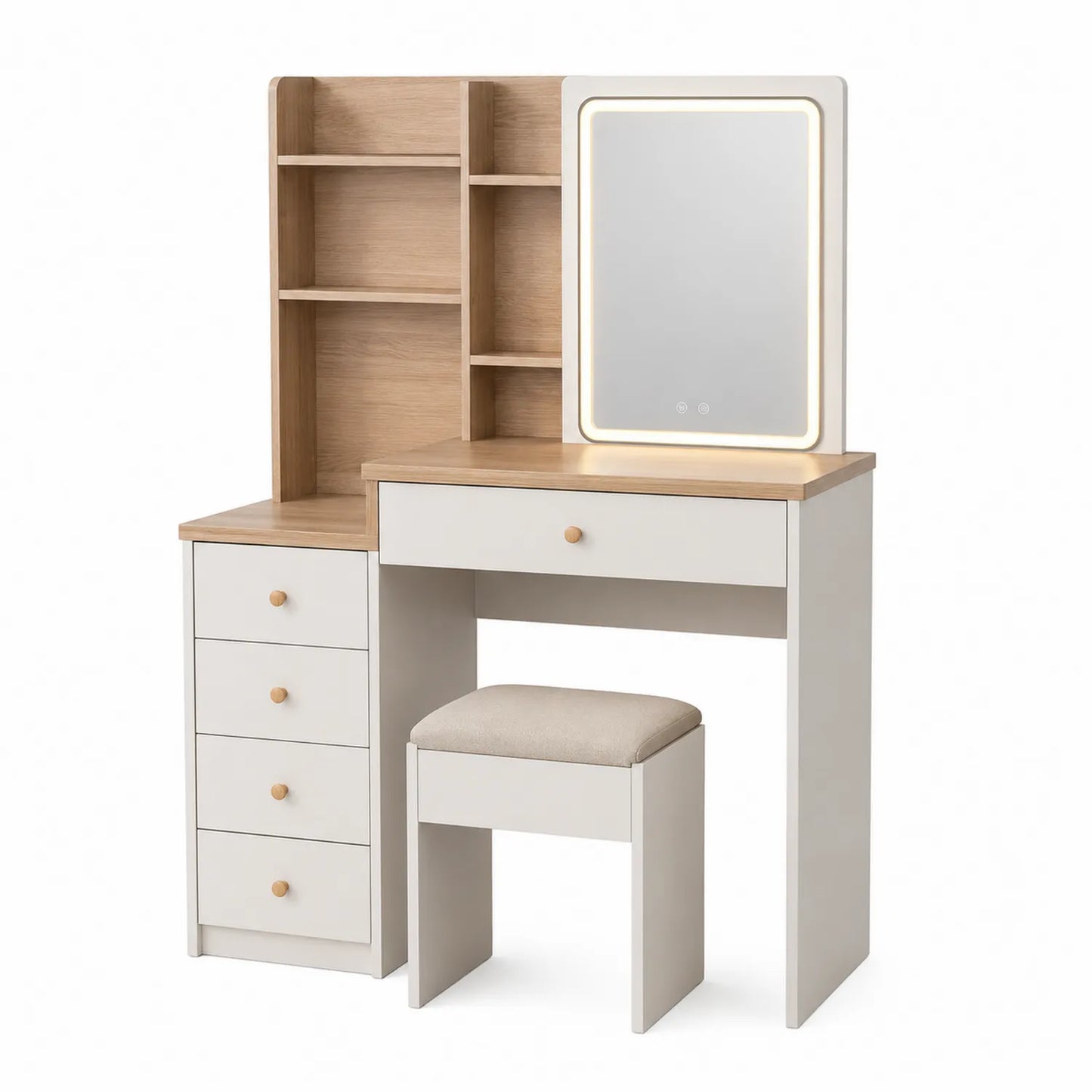 Toaletka z lustrem LED, MDF, Biała/Dąb
