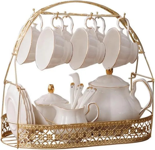 fanquare, Kość Chiny Kawa Cup, 15 Kawa Serwis angielski Prosty biały, Czajnik, wyposażony w metalowe spoilery nieposortowane, Coffee Service