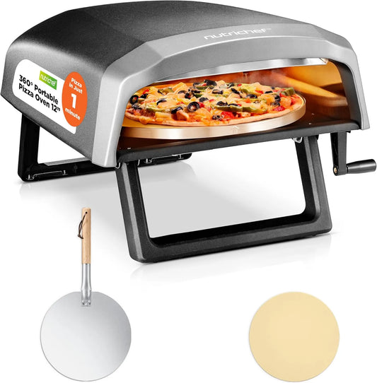 NutriChef piec do pizzy, Elektryczny, 30, 5 cm, przenośny, na zewnątrz, grill, stal nierdzewna, 360 ° obrotowy kamień do pizzy, automat do pizzy z podgrzewaniem termicznym