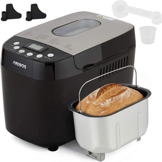 AREBOS, Chleb, 850 W, 15 programów, 1500 g, chleb maszyny, zegar, 3 poziomów, LCD ekran, czarny, 2 haki ugniatające