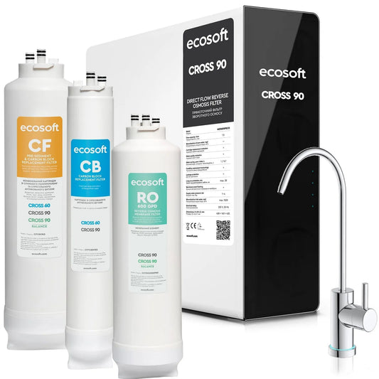 ecosoft, CROSS90 Inteligentny wyświetlacz LED, mikrotworzywa sztuczne i metale ciężkie, odwrócona osmoza z przepływem bezpośrednim 1.5 l / min, Elimina 99% PFAS, Kompaktowy i łatwy w obsłudze 5 l/min