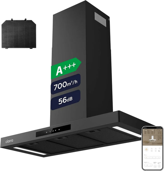 CIARRA okap kuchenny, CBB9102-P CBCF004 kaptur ssący, 90 cm, 700m3 / h, ewakuacja i recykling, Boost, dotyk, Wi-Fi, tłumik, czarny CBCB9102-P m3/h